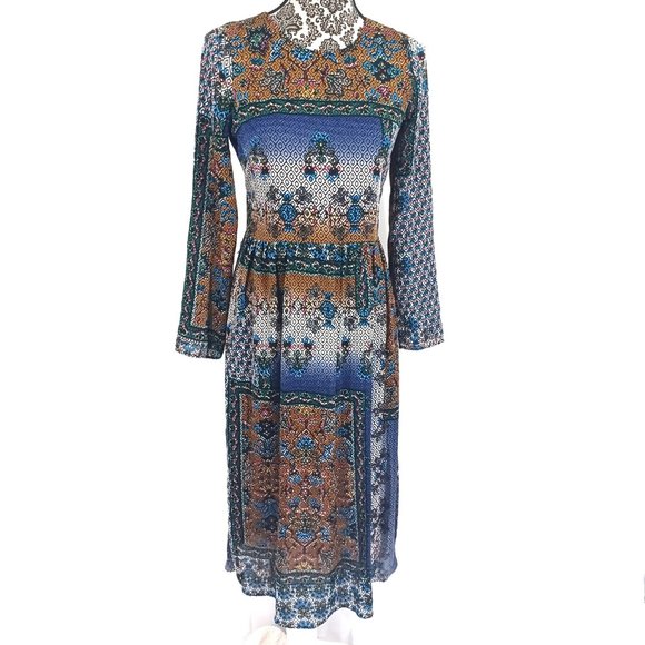 ZARA TRAFALUC LS Burn Out Folk Print Boho Midi Dress S - Picture 5 of 7